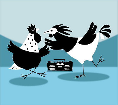 Illustration of dancing hens chickens dance graphic design hen radio rooster