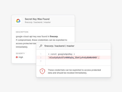 UI Component | Security Alert Cards access alert api cloud code credentials cyber data design system devops google cloud key notification policy popup protect rule secret security severity