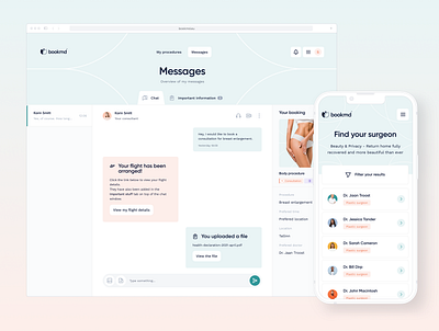 BookMD - fly in provider for Plastic Surgery and Cosmetic Proced brand branding design logo medical pastel plastic surgery ui ux white