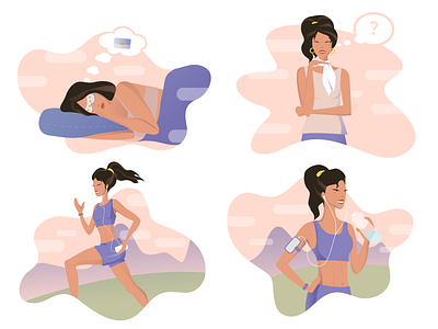 Set for illustrations for a fitness app character girl graphic design health illustration illustrator life lifestyle run set sleep ui