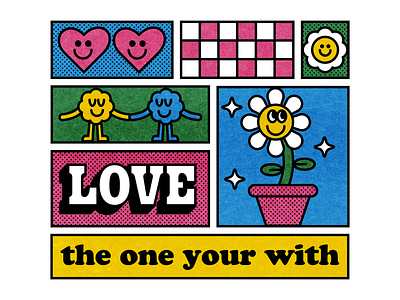 Love the one your with blue color design fun green happy hearts illustration love minimal pink vector yellow