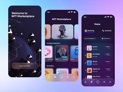 NFT Mobile App Ui app app design application auction blockchain crypto cryptoart cryptocurrency dark mode design digital items interface marketplace metaverse nft nft marketplace nft mobile app nftart ui ui design