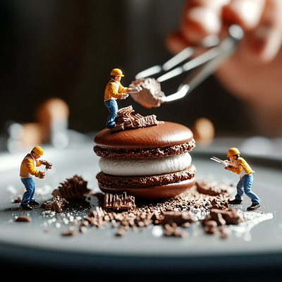 Miniature Food Photography (AI-Generated): Chocolate Macaron ai aiart branding creative food art design digital art dollhouse food photography generative art illustration macaron macro photography miniature art miniature food till life