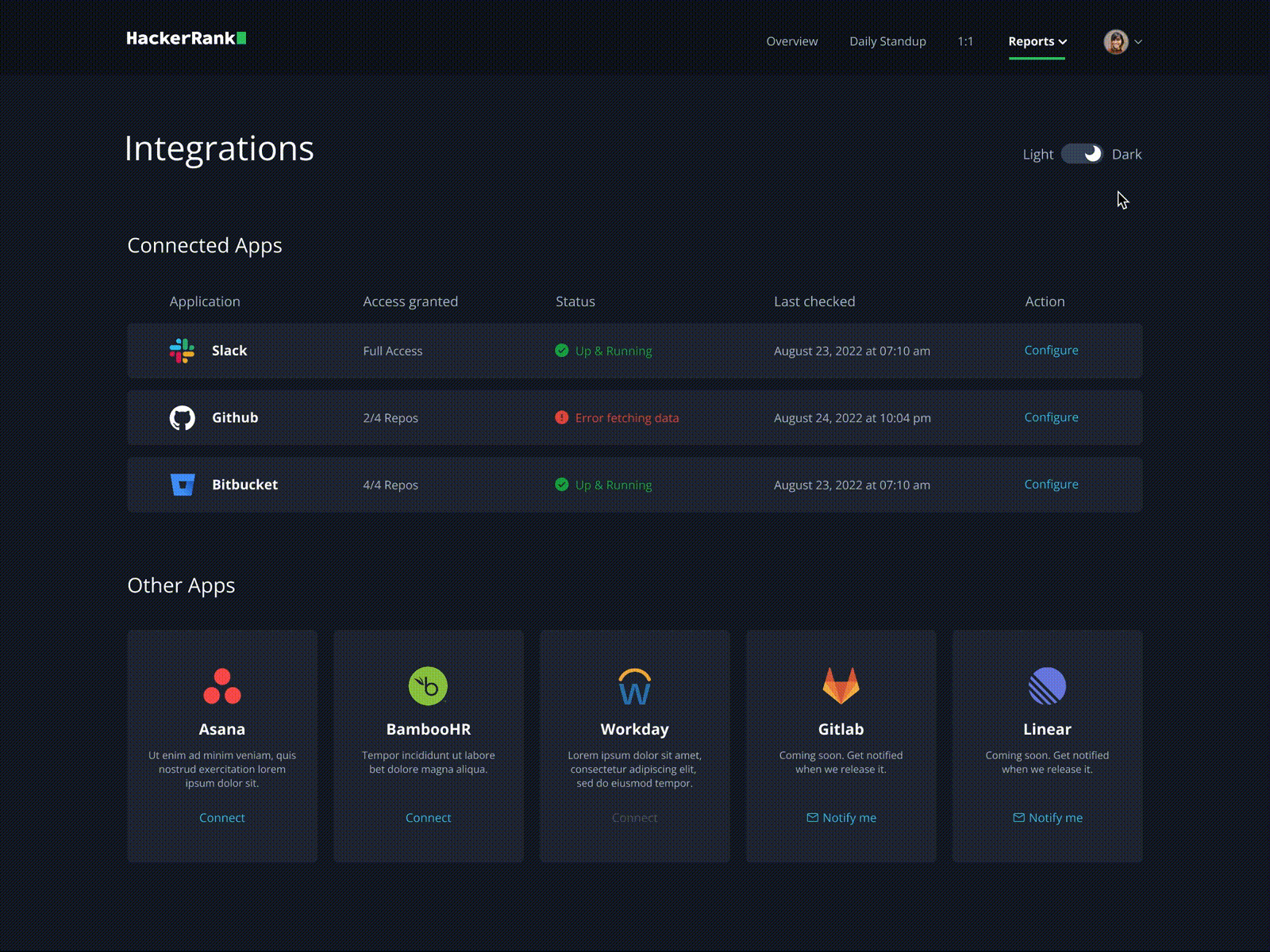 Integrations Page UI - Dark/Light mode animation card design card ui components dark mode design figma hover animation integration page light mode product design settings status ui table design toggle ui user experience user interface ux web design