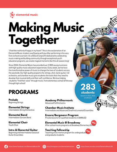 Non-profit One-sheets: Elemental Music fundraising graphic design infographic onesheet poster
