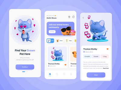 Pet Adoption App 3d adoption animal animal app app app design cat minimal minimalist mobile pet pet adopt pet adoption pet care pet rescue pet store petshop social ui design uiux