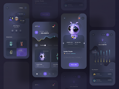 NFTIO Marketplace App - Mobile App app bitcoin card chart crypto cryptoart dark ethereum finance fintech ios marketplace mobile mobile design nft nftart token trading ui wallet