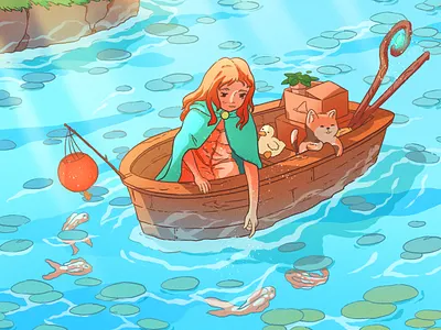 Travelling with koi boat cat digitalart fish girl illustration koi lake magic river sea ship sorceress travel with