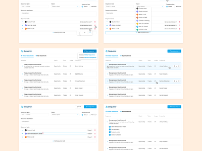 Settings panel add add step apollo campaign campaign settings dashboard drag hubspot manage management outreach remove reorder salesforce salesloft sequence settings settings card settings panel steps