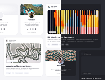 Adwise Cards app card context dark theme design pattern post product design profile social ui user