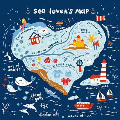 sea lover's map cartoon map geography illustration map travel water whale world