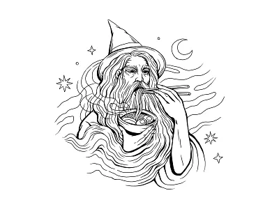 Ramen wizard for Ramen Supply Co character design design drawing illustration ink drawing label art line drawing packaging