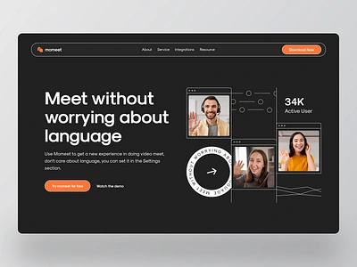 Momeet - Header meet exploration call conference dark darkmode header hero hero section illustration meet meeting meeting app meetings meetup tinder ui video video call voice call website work form home