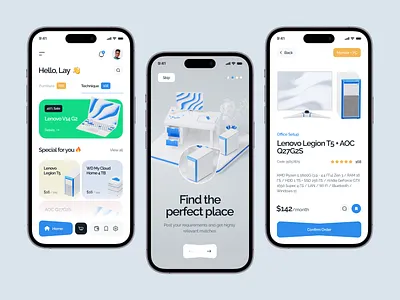 IT Hardware Rental App apartment concept design desktop furniture interface iphone 14 laptop marketplace mobile app office order pc rent rental app shop store technique ui ux