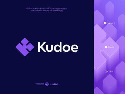 Kudoe Logo Design blockchain branding crypto decentralized defi gaming gradient hub icon identity illustration isometry letter k lettering logo nft pattern saas software token