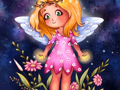 Cute angel angel background cartoon character children childrens book digital painting divine galaxy girl illustration kawaii positivity sky spring