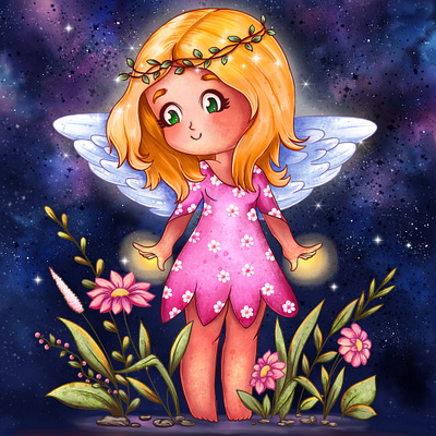 Cute angel angel background cartoon character children childrens book digital painting divine galaxy girl illustration kawaii positivity sky spring