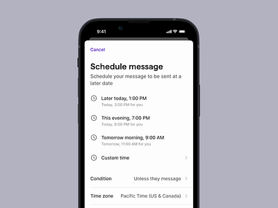 Scheduled messages android clean custom desktop ios message minimal mobile modal phone picker saas app schedule search send simple sms time zone ui ux