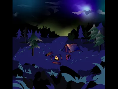 Night Camp adobe illustrator atmosphere camp camping fire forest illustration landscape moon night tent vector