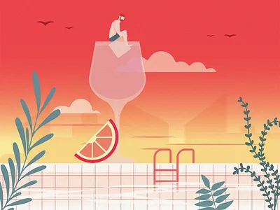 Jack-Line character cocktail design graphic design illustration plants red rooftop sky skyline sunset swimming pool vector wine