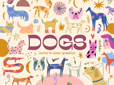 Dogs Bundle abstract boho bundle clipart cute dogs download handdrawn illustration modern pets puppy set vector
