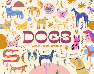 Dogs Bundle abstract boho bundle clipart cute dogs download handdrawn illustration modern pets puppy set vector