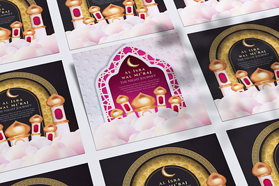 Isra Mi'raj Social Media Template Post 3d background design illustration islamic isra miraj lamp mosque patern template vector