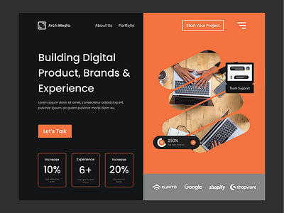 Arch Media - Hero Agency Website agency branding clean design landingpage logo luxury orange professional simple typography ui ux website