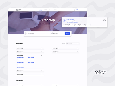 FinderVen app app concept app design cards category components design desktop directory facets filter filter by filters logo results search search results services ui website