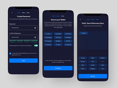 Metamask Wallet Creation Screens appdesign cryptocurrency design figma metamask wallet metaverse ui web3