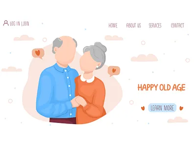 Web page design with elderly hugging couple grandmother