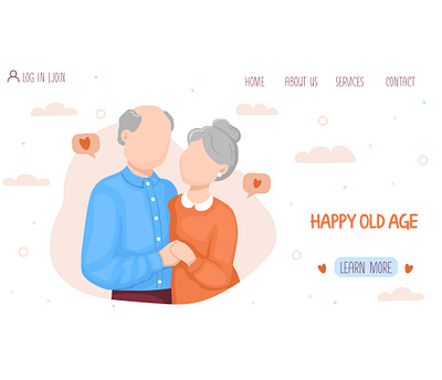 Web page design with elderly hugging couple grandmother