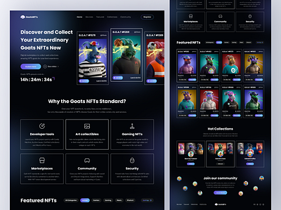 Landing Page - GoatsNFTs 3d asset blockhain crypto cryptoart cryptocurrency dark mode dark theme ethereum fintech gallery gradient illustration landing page modern nft nft marketplace ui design ux design web design website