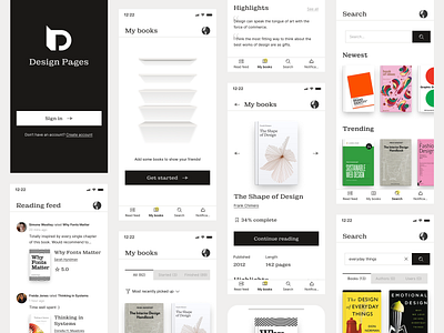 Book App Screens audiobooks black and white books bottom navigation card design cta button dark grey design pages ebooks graphic design minimalist mobile design nav bar reading search bar skeumorphism splash screen tabs uiux uxui