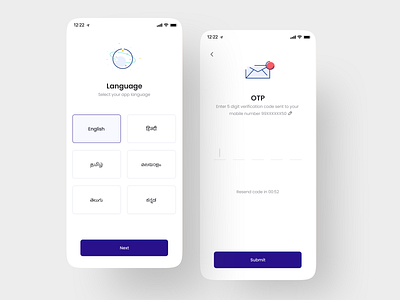 Language selection and OTP screen UIs' adobexd android design figma illustration logo ui user experience user interface ux
