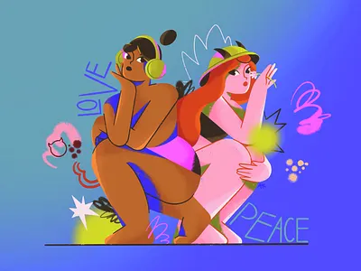 Peace blue brown comercial fem feminism feminist flat girl girls gradient graffiti hat headphones illustration love peace pink self love