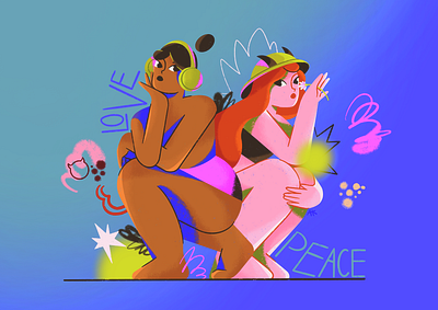 Peace blue brown comercial fem feminism feminist flat girl girls gradient graffiti hat headphones illustration love peace pink self love