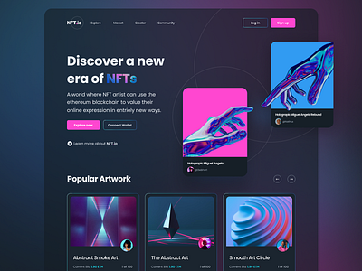 NFT Marketplace Website bitcoin blockchain concept cryptoart cryptocurrency dark darktheme homepage landing page marketplace metaverse nft nftart nftmarketplace nfts token ui web design