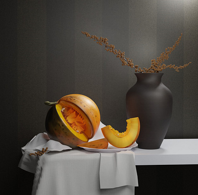Still life 3d 3d design blender cloth cycles eevee flowers painting pumpkin still life table vase