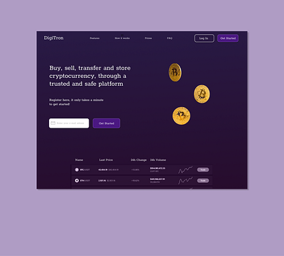 DigiTron, a crypto exchange platform buy crypto dark theme exchange free junior landing page log in nft purple register sell stocks ui design ux design