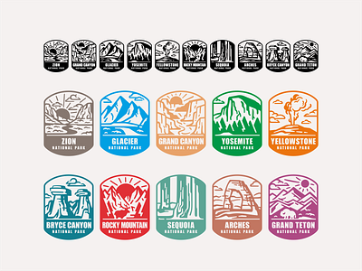 National park Badges arches badge bryce canyon glacier grand canyon grand teton hiking icon set illustration landscape national park nature outside rocky mountain sequoia sticker travel yellowstone yosemite zion