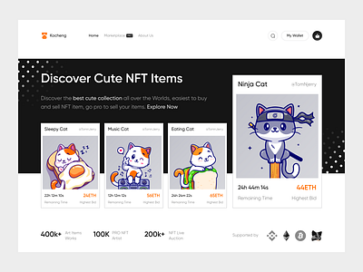 Kocheng - NFT Marketplace 😼 clean hero section landing page marketplace nft ui web web design website