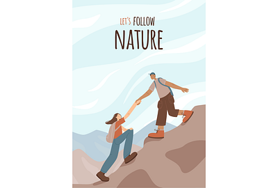 Poster on the theme of traveling to the mountains boy design friends girl graphic design hike illustration mountains