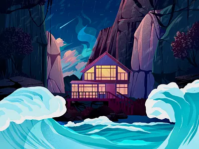 Night air architecture house light mountain night ocean rain sea stars