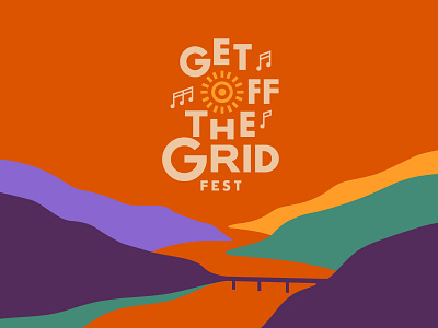 Get off the grid - Logo branding color concert designposter festival forest hippie identity illustration logo mountin music nature orange organic river sun sunset typographic usa