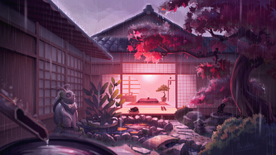 Rain drawing illustration japan japanese garden rain
