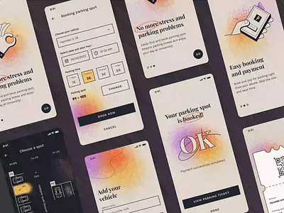 Parking mobile app concept - showcase animation aurora gradients brutalism brutalist car form illustrations login form onboarding parking app parking spot parking ticket showcase success screen ticket vintage app