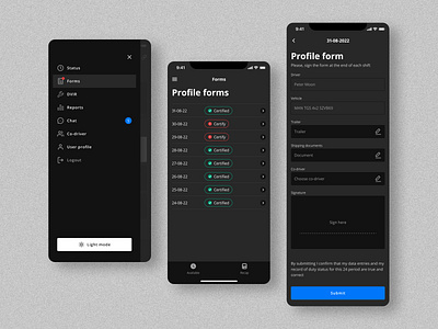 Drivers daily report dark mode burger clean dark dark mode flow form input ios menu mobile native navigation night mode side menu sidebar sign signature status table ui