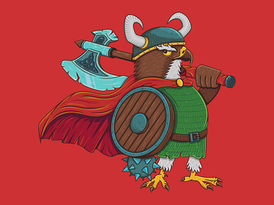 Viking Hawk angry axe bird cape cartoon character character design claw cocky fighter hawk helmet history illustration mace shield vector viking warrior