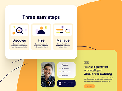 Discover, Hire, and Manage b2b brand brand design clean friendly hire icon iconography illustration landing page manage modern people saas talent ui video webflow website
